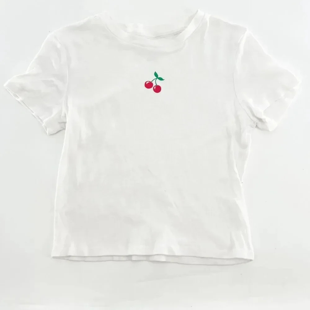Homegirl Society Cherry Baby Tee Womens Size L White Red Crew Neck Cotton Chic